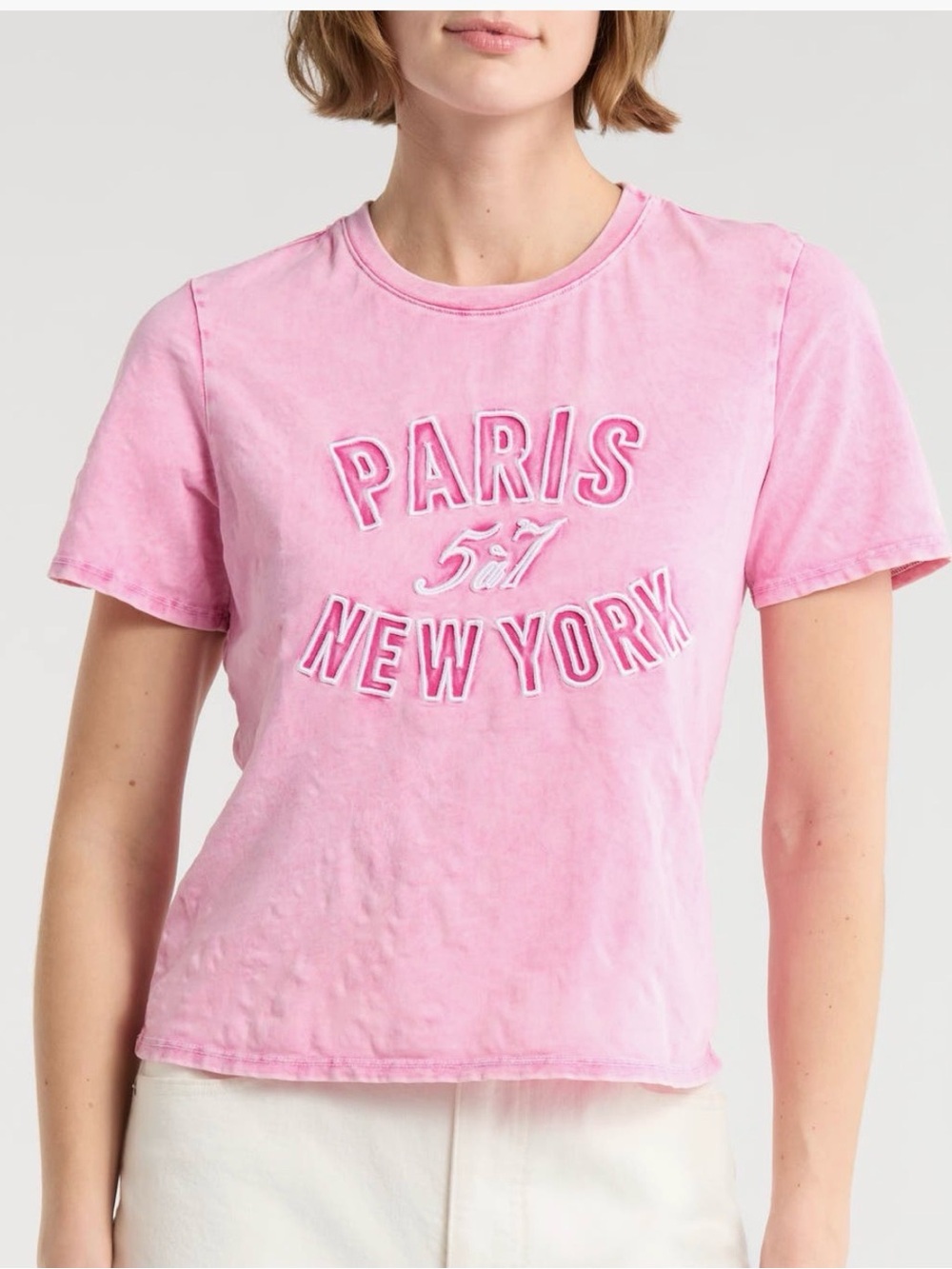 cinq a sept Pink Paris New York Embroidered Short Sleeve Tee